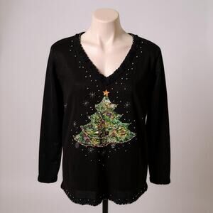 Quaker Factory Black Beaded Sequined Christmas Tree Sweater Women's Size XL